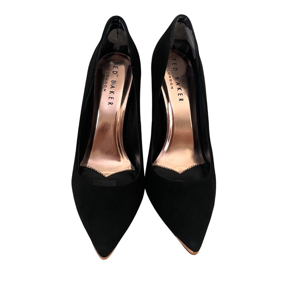 Ted Baker London Suede Pointed Toe Pump Heels Black Rose Gold Womens 36.5 6